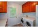 Laundry area with wooden cabinets and side-by-side washer and dryer connections at 1376 Woodbine St, Marietta, GA 30062