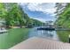 View from the dock to the open water, showing covered boat slips at 5345 Pilgrim Point Rd, Cumming, GA 30041