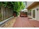 The backyard with wood patio, privacy fence, and a cozy bench offers a private retreat and outdoor enjoyment at 1924 Variations Ne Dr, Atlanta, GA 30329