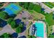 Aerial view showcasing community pool and tennis courts, surrounded by lush trees and convenient parking at 136 Parkstone Way, Marietta, GA 30066