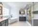 Modern bathroom with freestanding tub, glass shower, and gray cabinets at 3845 Glen Ian Dr, Loganville, GA 30052