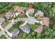 Beautiful aerial view of a brick home nestled in a lush, landscaped cul-de-sac surrounded by mature trees and greenery at 3332 Heathchase Ln, Suwanee, GA 30024
