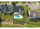 Aerial view of backyard featuring in-ground pool and large patio, surrounded by lush green lawn at 5440 Old Haven Ct, Cumming, GA 30041