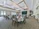 Event space with neutral color palette, round tables, chandeliers and stage at 603 Canyon Overlook, Canton, GA 30114