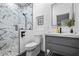 Bathroom featuring a glass enclosed shower, modern vanity and decorative backsplash at 1556 Gaylor Se Dr, Smyrna, GA 30082