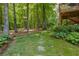 Landscaped backyard features stepping stones, lush green lawn, and surrounding mature trees at 1668 Macy Ln, Lawrenceville, GA 30043