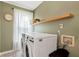 Bright laundry room features washer and dryer with floating shelf, clock, patterned rug, and sage green walls at 3200 Binghampton Ln, Lawrenceville, GA 30044