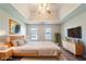 The staged main bedroom features a tray ceiling, large bed, neutral carpet, and TV at 3283 Sugar Creek Falls Se Ave, Atlanta, GA 30316