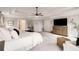 Expansive main bedroom featuring tray ceiling, fan, and plush carpet with adjoining bath at 4371 Wigley Preserve Dr, Marietta, GA 30066
