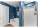 A modern blue-painted bathroom featuring a soaking tub and glass shower at 1920 Pilgrim Rd, Cumming, GA 30040