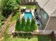 Aerial view of a large private backyard with a sparkling pool, stone landscaping, and ample seating at 5220 Southern Hills Ln, Cumming, GA 30040
