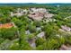 Aerial view of townhomes, apartments, and mature trees in a wooded suburban area at 355 Highlands Trce, Roswell, GA 30075