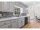 Well-lit kitchen featuring light gray cabinets, modern appliances, and stylish backsplash at 5706 Brookstone Nw Walk, Acworth, GA 30101
