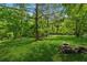 Spacious backyard featuring a well-kept lawn, surrounded by mature trees and a woodpile at 13795 Arnold Mill Rd, Roswell, GA 30075
