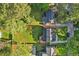 Overhead view of a backyard with a lush lawn, mature trees, and driveway at 1521 Deerwood Dr, Decatur, GA 30030