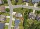 Aerial view shows homes with private backyard pools in a neighborhood with well-manicured lawns and mature trees at 1850 Overlook Springs Ln, Cumming, GA 30040