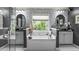 Well-lit bathroom with a central soaking tub, dual vanities, and modern fixtures, showcasing an organized design at 1850 Overlook Springs Ln, Cumming, GA 30040