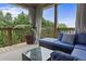 Relaxing covered patio with comfortable blue cushioned seating and a beautiful view of nature at 1850 Overlook Springs Ln, Cumming, GA 30040