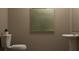 Half bathroom featuring toilet, pedestal sink, and modern artwork at 2340 Treaty Ln, Douglasville, GA 30135