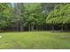 Large grassy backyard with mature trees and seating area at 735 Poplar Rd, Dallas, GA 30157