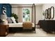Stylish bedroom with a modern black four-poster bed, neutral color palette, and serene natural light at 2483 Cotton Ln, Douglasville, GA 30135