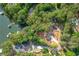 Overhead view of a lakeside home surrounded by dense trees, complete with a private dock and peaceful setting at 912 Oak Dr, Woodstock, GA 30189