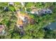 Beautiful aerial view of a lakeside property featuring a sprawling landscape with mature trees and a private dock at 912 Oak Dr, Woodstock, GA 30189
