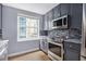 Beautiful kitchen showcasing stainless steel appliances, gray cabinetry, and a window with city views at 195 14Th St # 902, Atlanta, GA 30309
