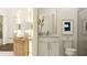 Bright bathroom featuring a white vanity, decorative lamps, stylish decor, and modern fixtures at 255 Deer Valley Run, Canton, GA 30115