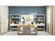 Serene home office with blue accent wall, bookshelves, and a desk with cushioned stool at 255 Deer Valley Run, Canton, GA 30115