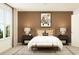 Bedroom features a bright window, comfortable bed, and stylish decor on a brown accent wall at 416 Valley View Trl, Canton, GA 30115