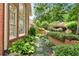 Beautiful backyard with lush landscaping, brick walls, and stone pathway at 2324 Littlebrooke Ln, Dunwoody, GA 30338