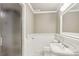 Classic white bathroom with wainscoting, a pedestal sink, and a glass-enclosed shower for a timeless appeal at 2567 Briers North Dr, Dunwoody, GA 30360