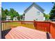 Outdoor wooden deck with railings overlooking a grassy area and surrounding trees at 4426 High Gate Nw Dr, Acworth, GA 30101