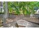 A backyard with a wooden fence surrounding an outdoor fireplace, perfect for relaxation at 4941 Lighthouse Pointe, Acworth, GA 30101