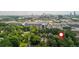 Aerial view of neighborhood showcasing location with a red marker pin, trees, and the city skyline at 940 Longley Nw Ave, Atlanta, GA 30318