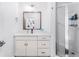 Bright bathroom featuring a sleek vanity with a modern sink and a glass-enclosed shower at 395 Pratt Drive Se # No 802, Atlanta, GA 30315