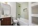Stylish bathroom showcasing a vanity with decorative tiles, tub-shower combo with green tiling, and contemporary fixtures at 1995 Mcafee Rd, Decatur, GA 30032