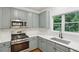 This newly renovated kitchen offers stainless steel appliances, gray cabinets, and a view to the outdoors at 1097 Soaring Way, Marietta, GA 30062