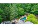 Aerial view of a backyard oasis with a private pool surrounded by lush landscaping and mature trees at 2101 Hunters Green Dr, Lawrenceville, GA 30043