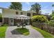 Charming backyard with a patio set, flowering bushes, and tree-lined boundary at 290 Dania Dr, Alpharetta, GA 30009