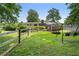 Backyard featuring a fire pit, swing, back deck, manicured lawn, and a border of trees at 290 Dania Dr, Alpharetta, GA 30009