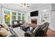 Relaxing living room boasts a brick fireplace, built-in shelves, and bright, sunny windows at 910 Ovalene Sw Ln, Marietta, GA 30064