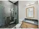 Well-appointed bathroom with glass shower, stylish vanity with granite countertop, and modern fixtures at 225 River Valley Ct, Atlanta, GA 30328