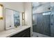 Modern bathroom featuring marble countertop, sleek vanity, and glass-enclosed shower with tiled walls at 225 River Valley Ct, Atlanta, GA 30328