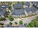 Aerial view of townhomes featuring well-kept landscaping, sidewalks, and street parking at 3693 Allegretto Cir, Atlanta, GA 30339