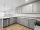 Kitchen with stainless steel appliances, gray cabinets, and countertops and hard wood floors at 1707 Bouquet Way, Mcdonough, GA 30253