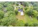Aerial view of the property, mature trees and a pool provides a beautiful outdoor living space at 256 Teresa Ln, Loganville, GA 30052