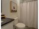 Bathroom showcasing a toilet, shower with white curtain, and framed artwork above the toilet at 270 Alcovy Reserve Way, Covington, GA 30014