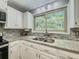 Kitchen sink featuring stainless steel appliances, granite countertops, mosaic backsplash, and a view of the backyard at 410 Hunters Cove Ct, Lawrenceville, GA 30044
